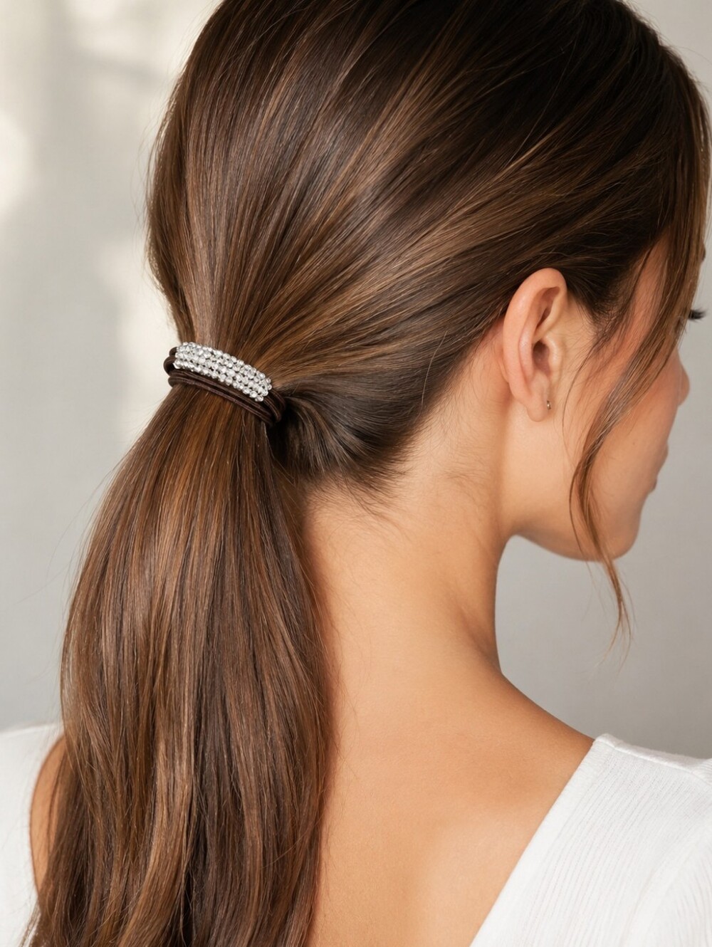 SANFU Rhinestone Crystal Ponytail Holder Brown Multi-Strand Hair Tie New